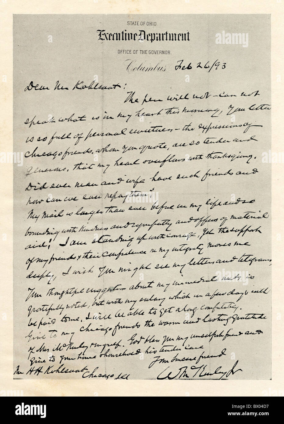 Letter from Governor McKinley to Mr. Kohlsaat, February 26, 1893 Stock Photo