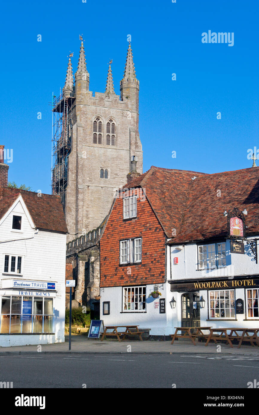 Tenterden High Street and St. Mildred's Church and the 'Woolpack Hotel', Kent, England, Great Britain Stock Photo