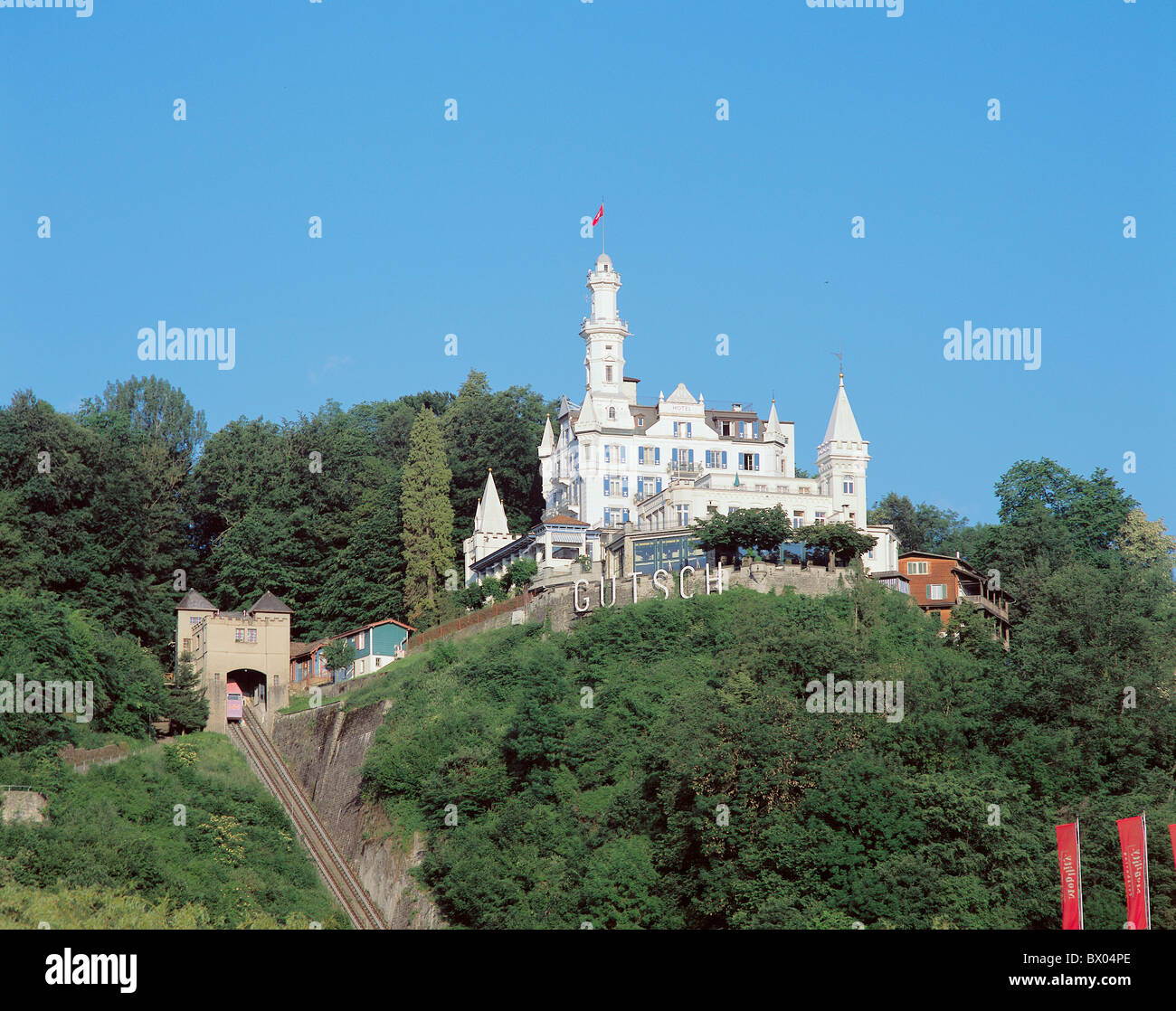 Switzerland Europe town city Lucerne Gutsch hotel restaurant rack railway Stock Photo