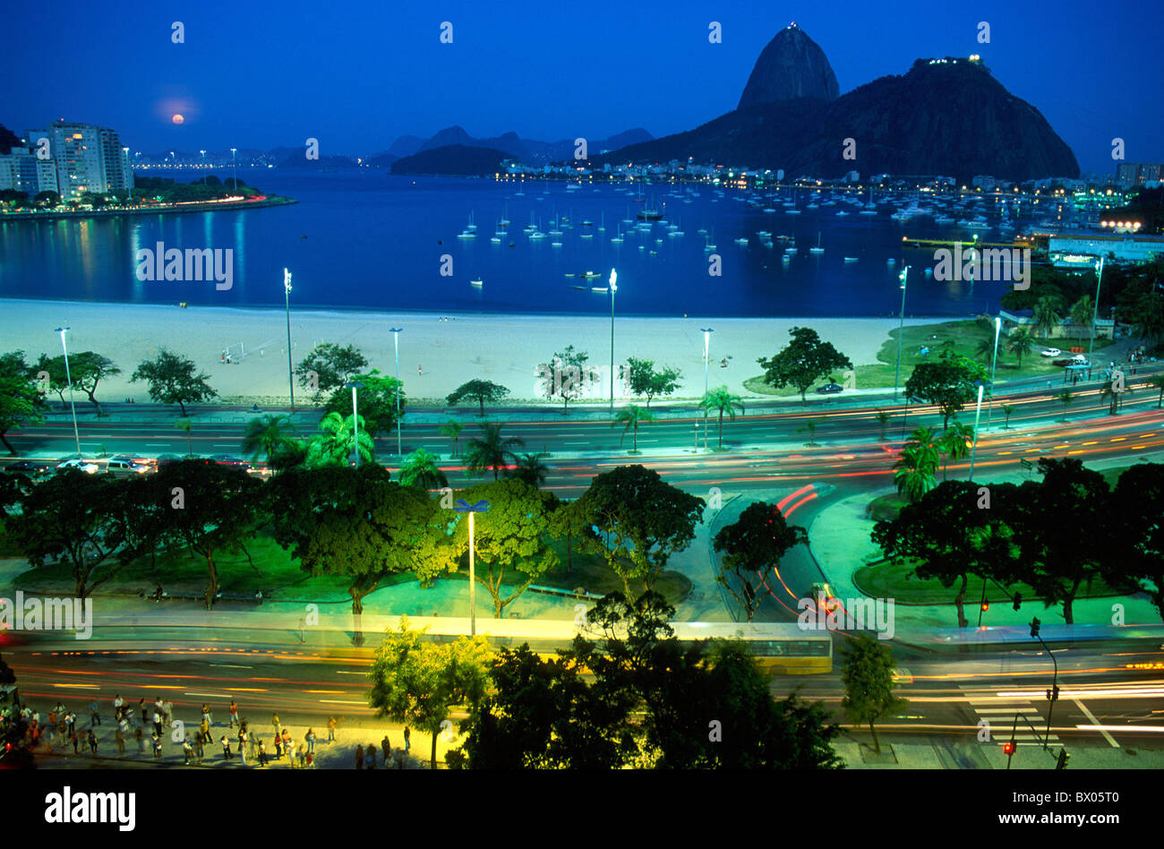 at night beach Botafogo Bay Brazil South America city coast night Rio de Janeiro sea seashore sugar hat Stock Photo