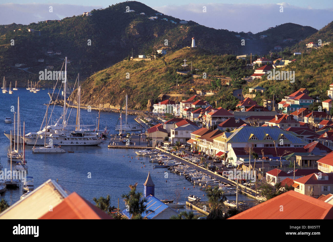 boats coast Gustavia harbor homes houses overview port Saint Barth sea ...
