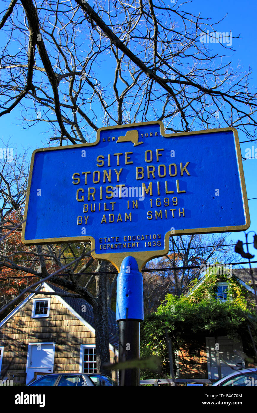 Grist Mill historical marker, Stony Brook, Long Island, NY Stock Photo