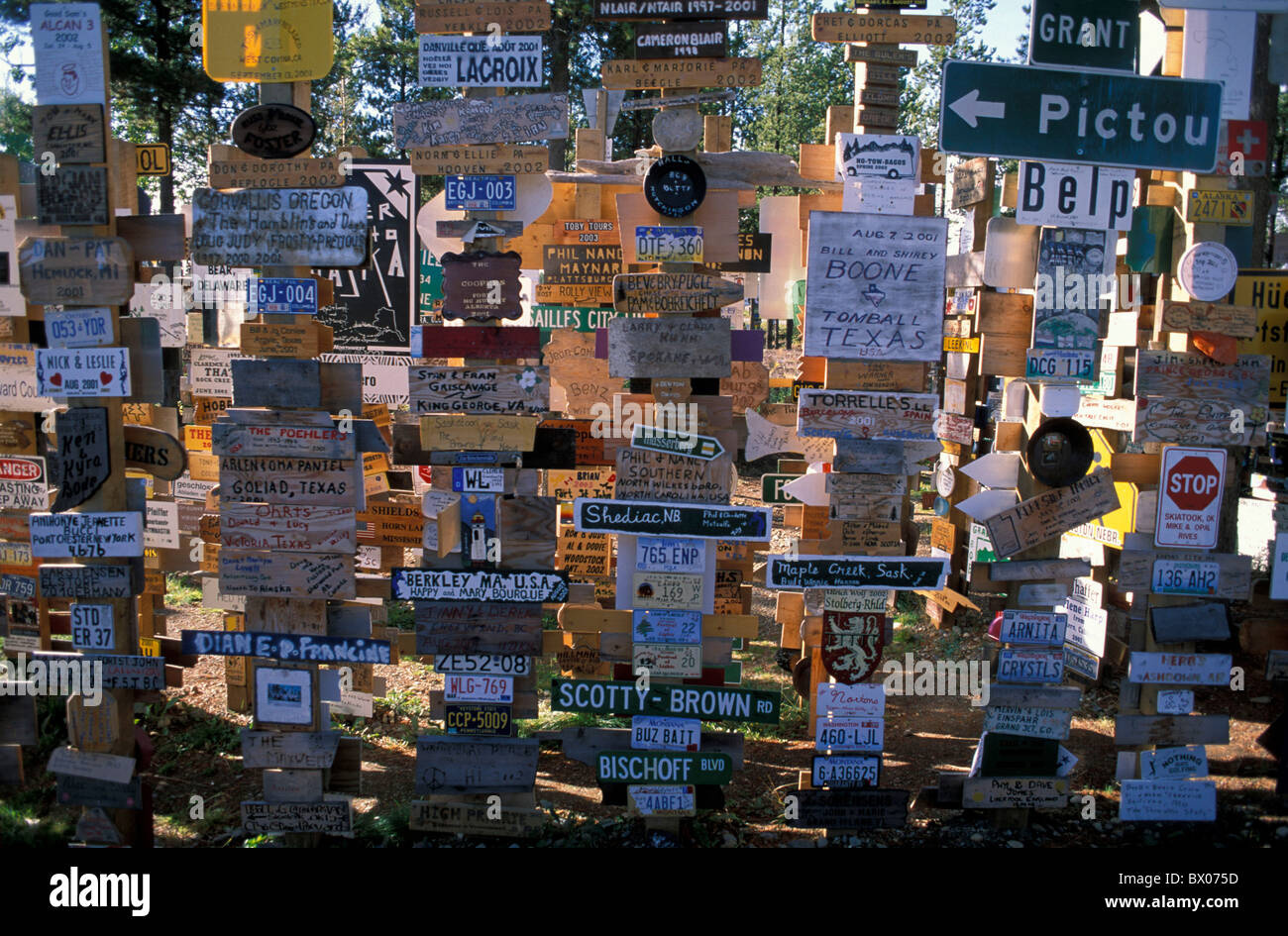 boards Canada North America America jungle of road signs Signpost Forest signs Watson Lake Yukon Stock Photo