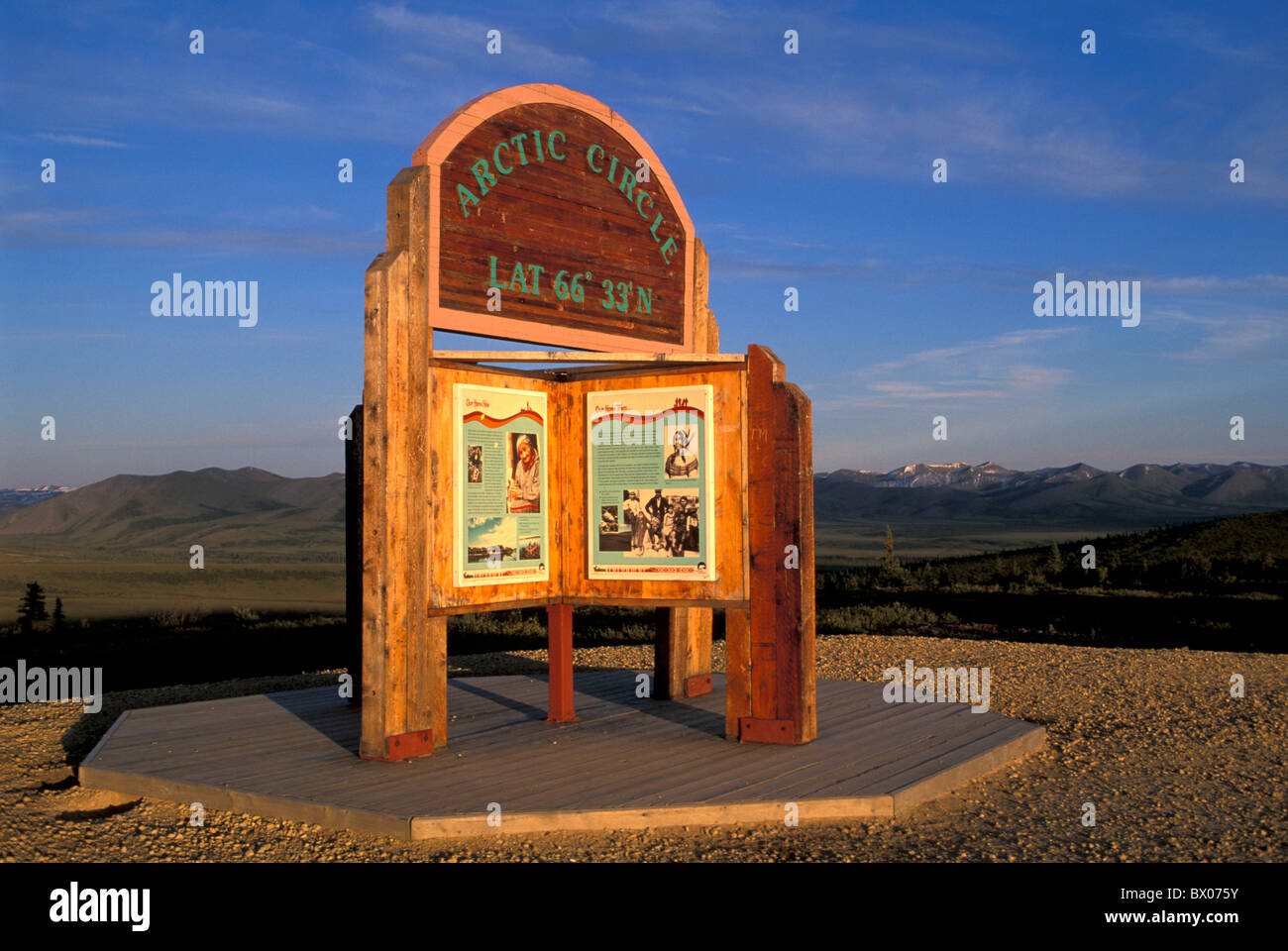 Arctic Circle monument boards Canada North America America Dempster Highway information polar circle signs Stock Photo
