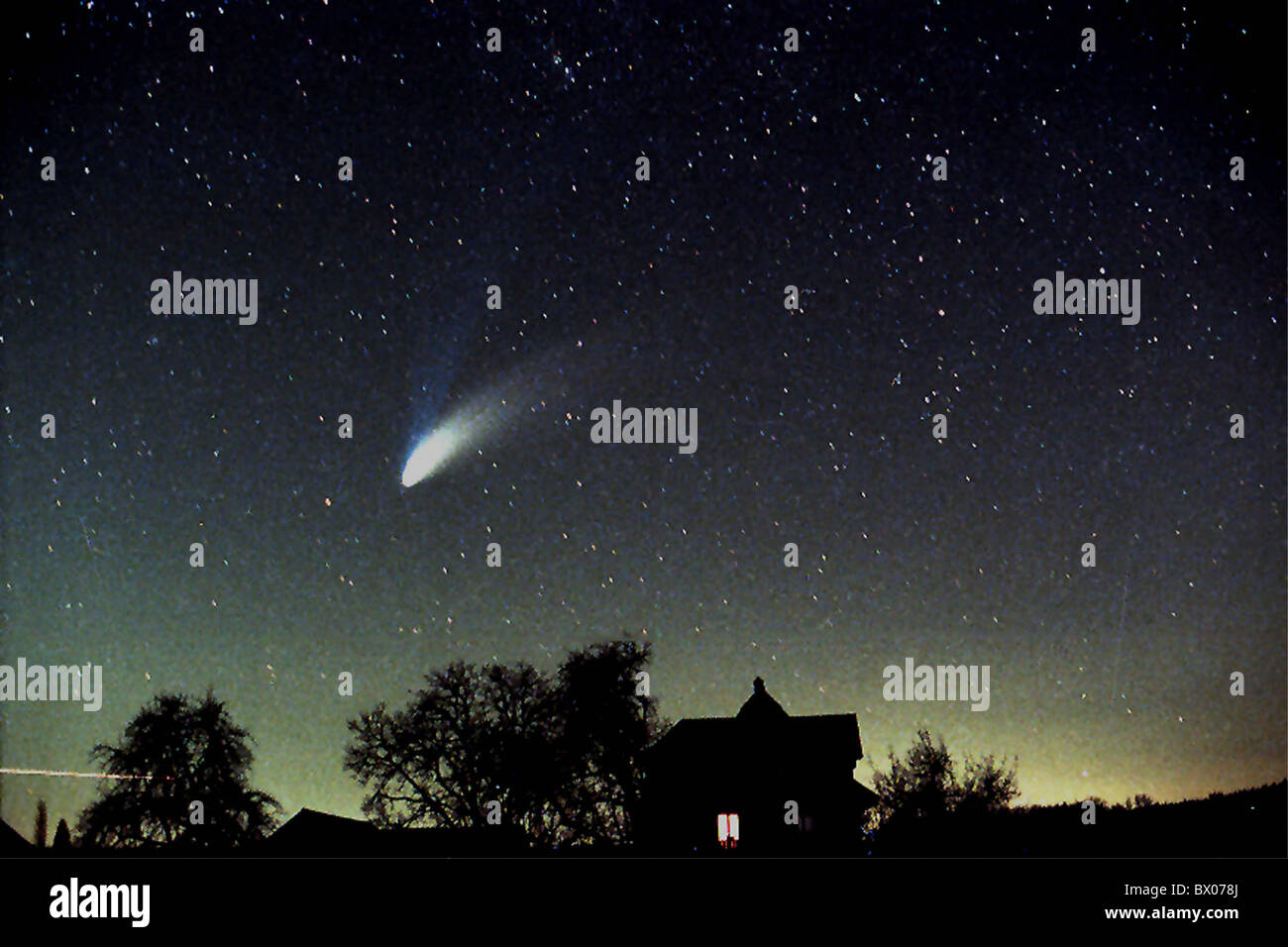 all astronomy dark Hale Bopp house home sky comet night at night tail settlement stars star skies univ Stock Photo