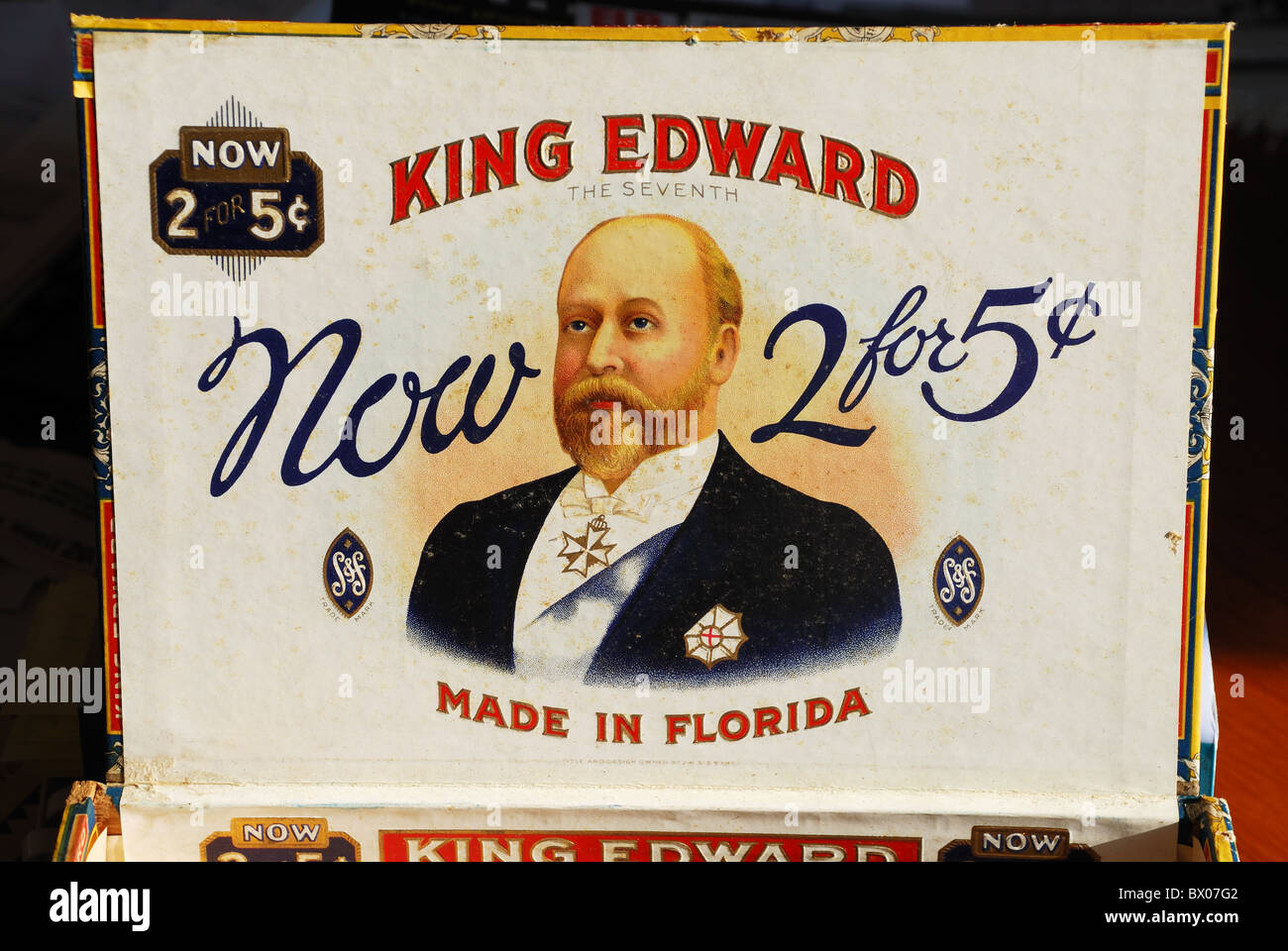 Vintage antique cigar box for King Edward the Seventh cigars. For sale at 2 for 5 cents. Stock Photo