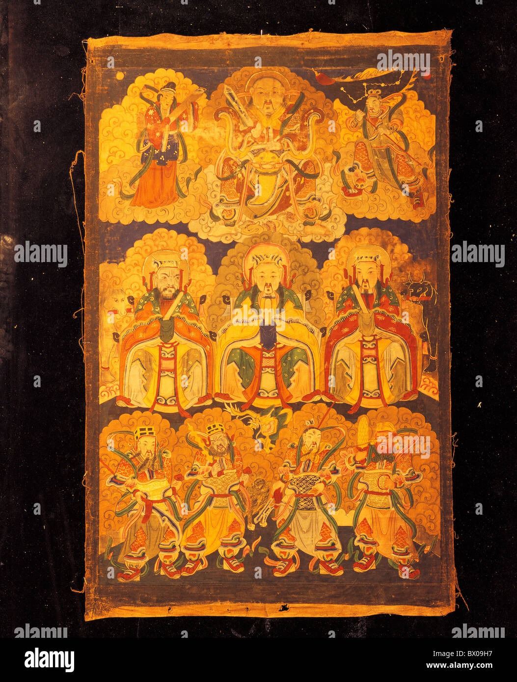 Exquisite Tangka depicting Taoist and Buddhist deities from Ming Dynasty, Tibet, China Stock Photo