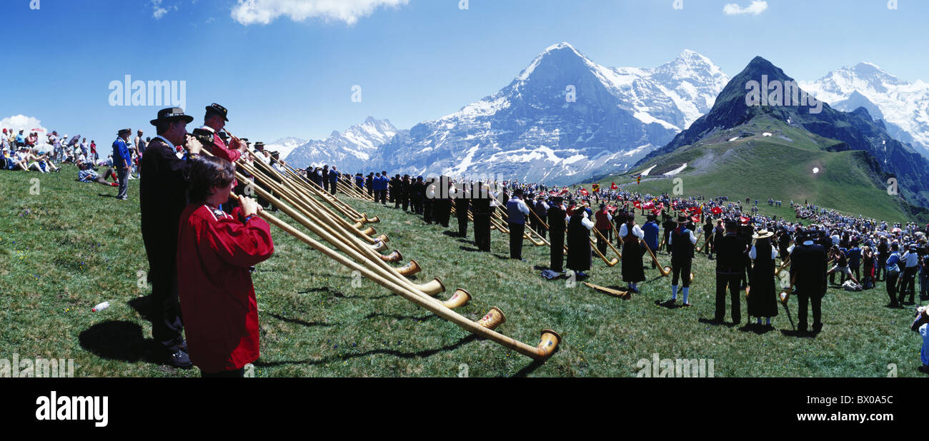 alp horn canton Bern Bernese Oberland music folklore tradition Eiger mountain Jungfrau Mannlichen monk M Stock Photo