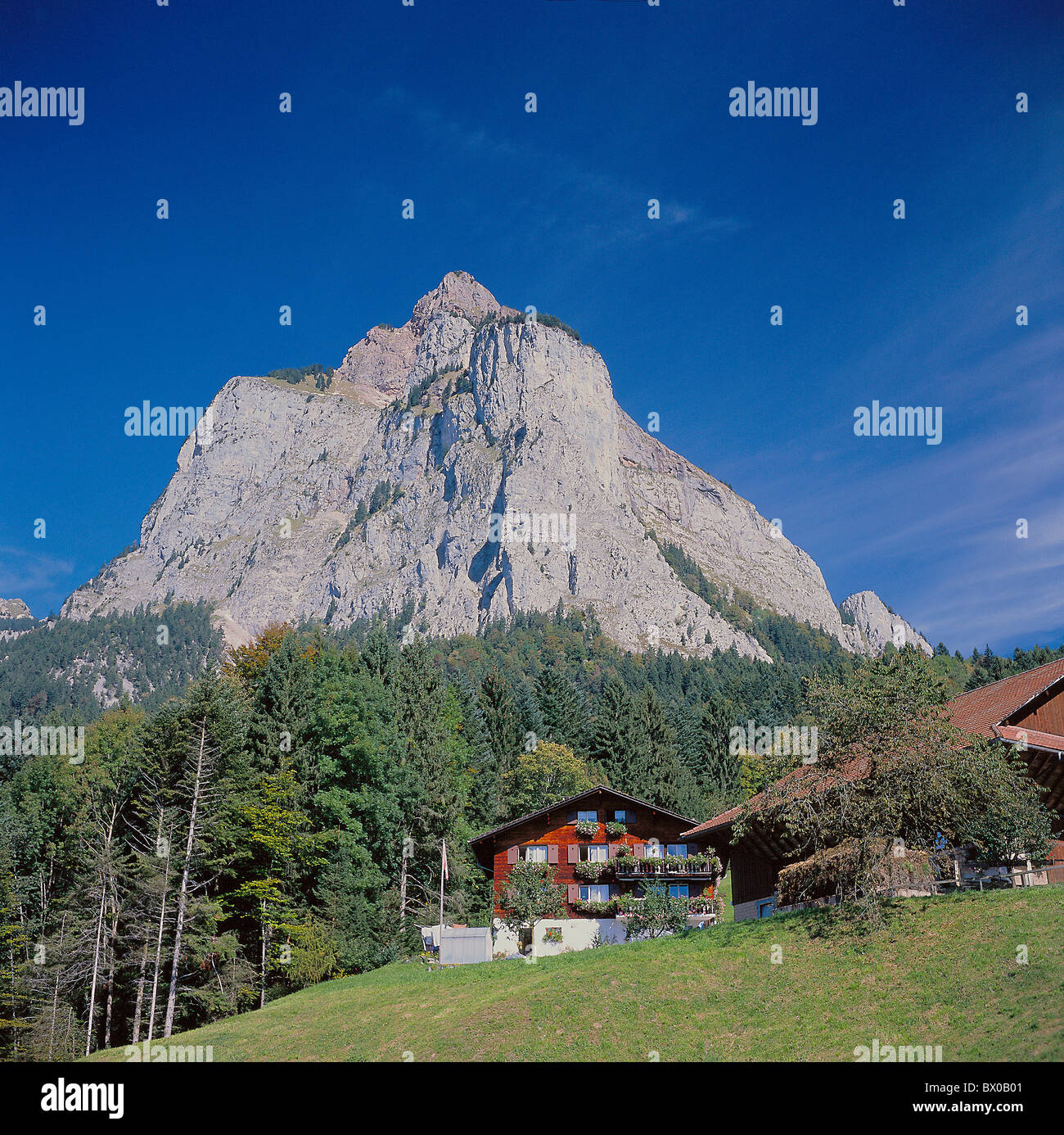 Switzerland Europe canton Schwyz big great myths house home barn middle station brook Ricken Rotenfluh Stock Photo
