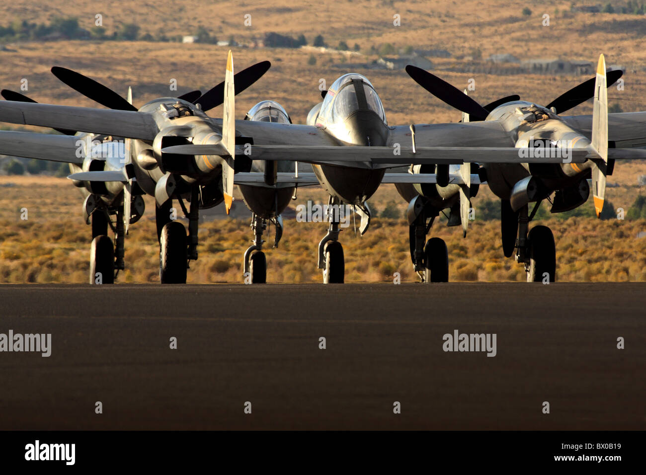 P-38 Lightning fighters on the ramp at Stead Field in Nevada. Stock Photo