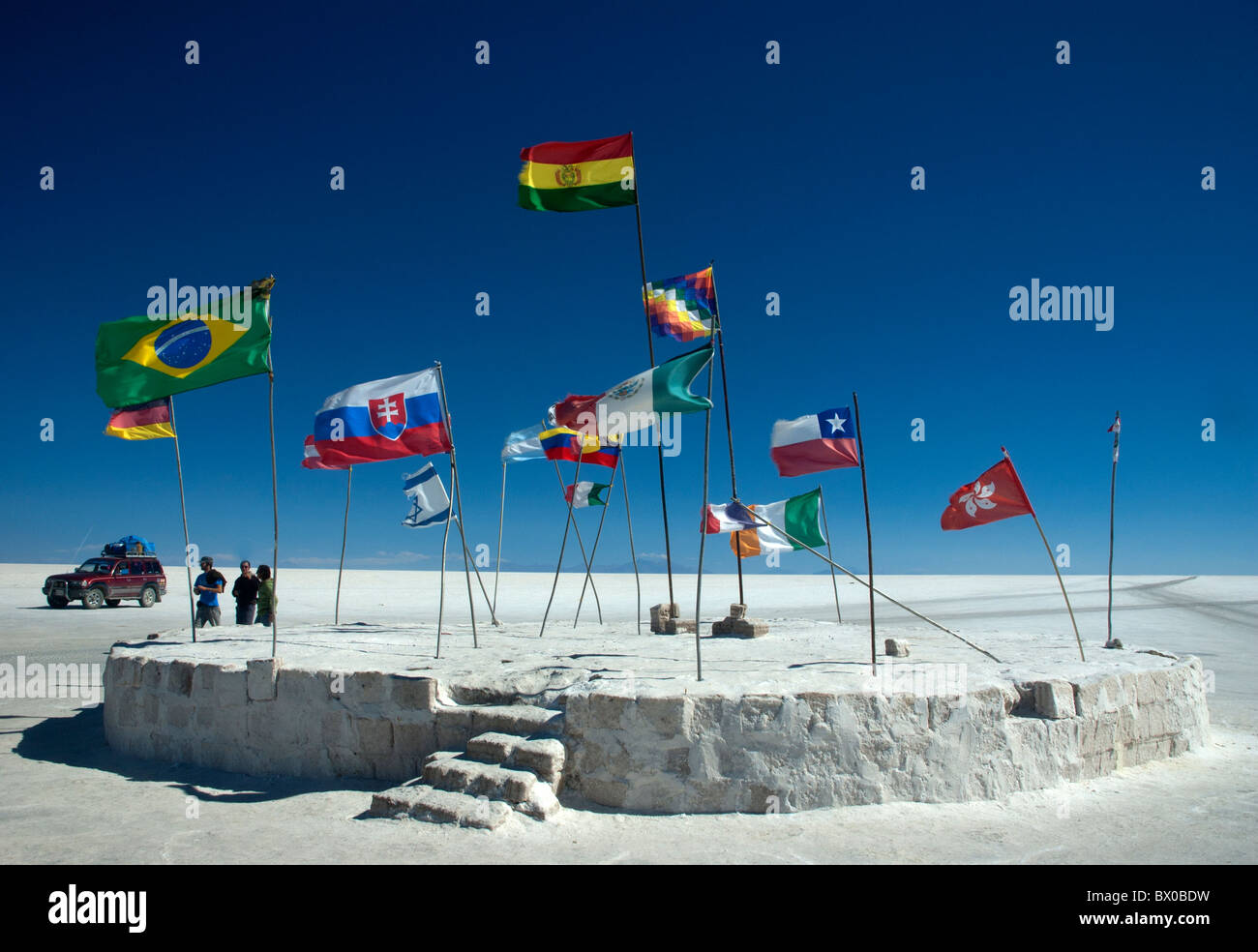 International flags at the Salt Hotel, Salar de Uyuni salt flats, Bolivia. Stock Photo