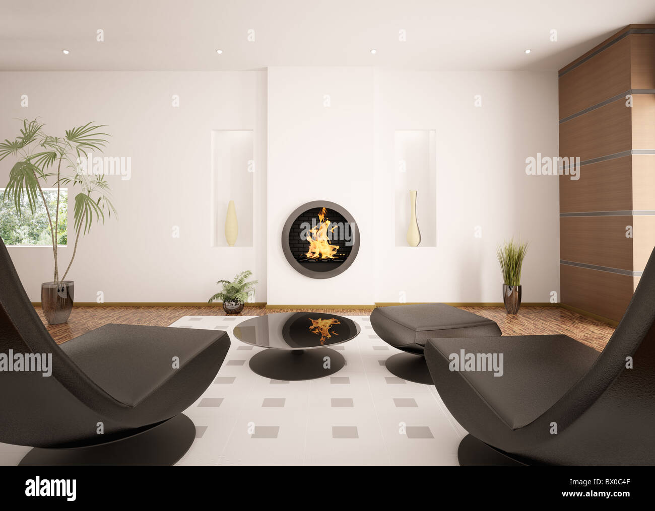 Modern interior of living room with fireplace and two black armchairs 3d render Stock Photo