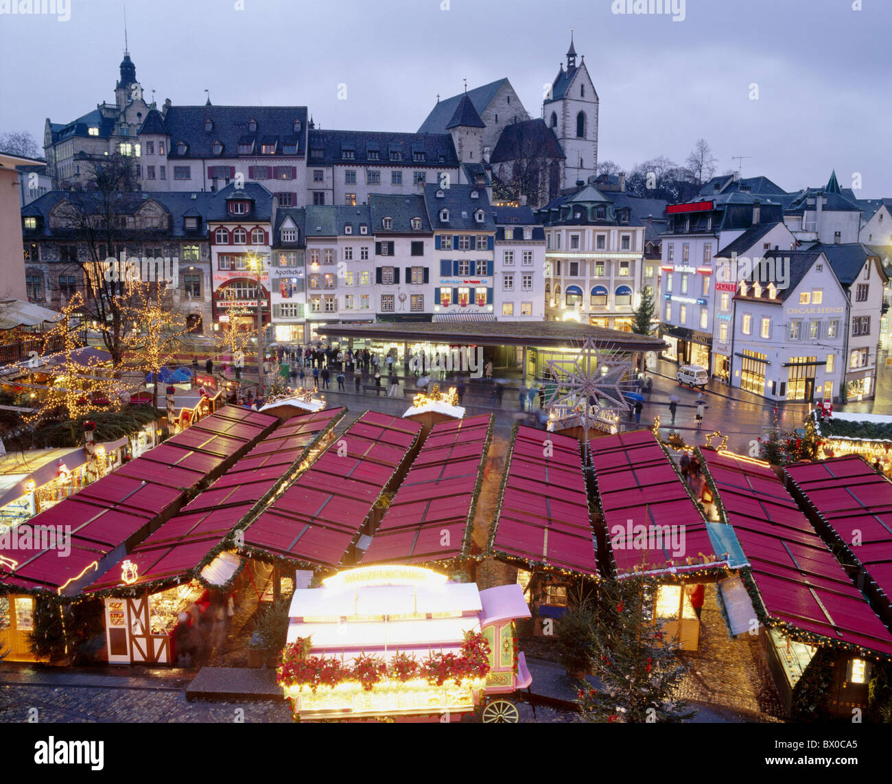 Barfusserplatz place Basel Basle town city booths dusk twilight Switzerland Europe market overview Chri Stock Photo