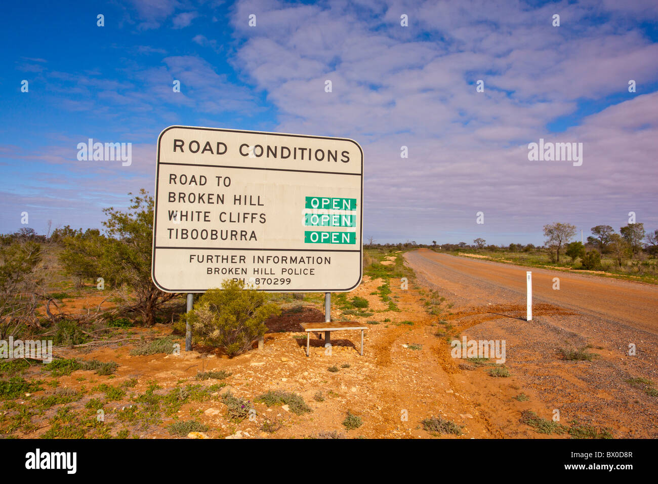 Road conditions sign in Mutawintji National Park, Broken Hill, New South Wales Stock Photo