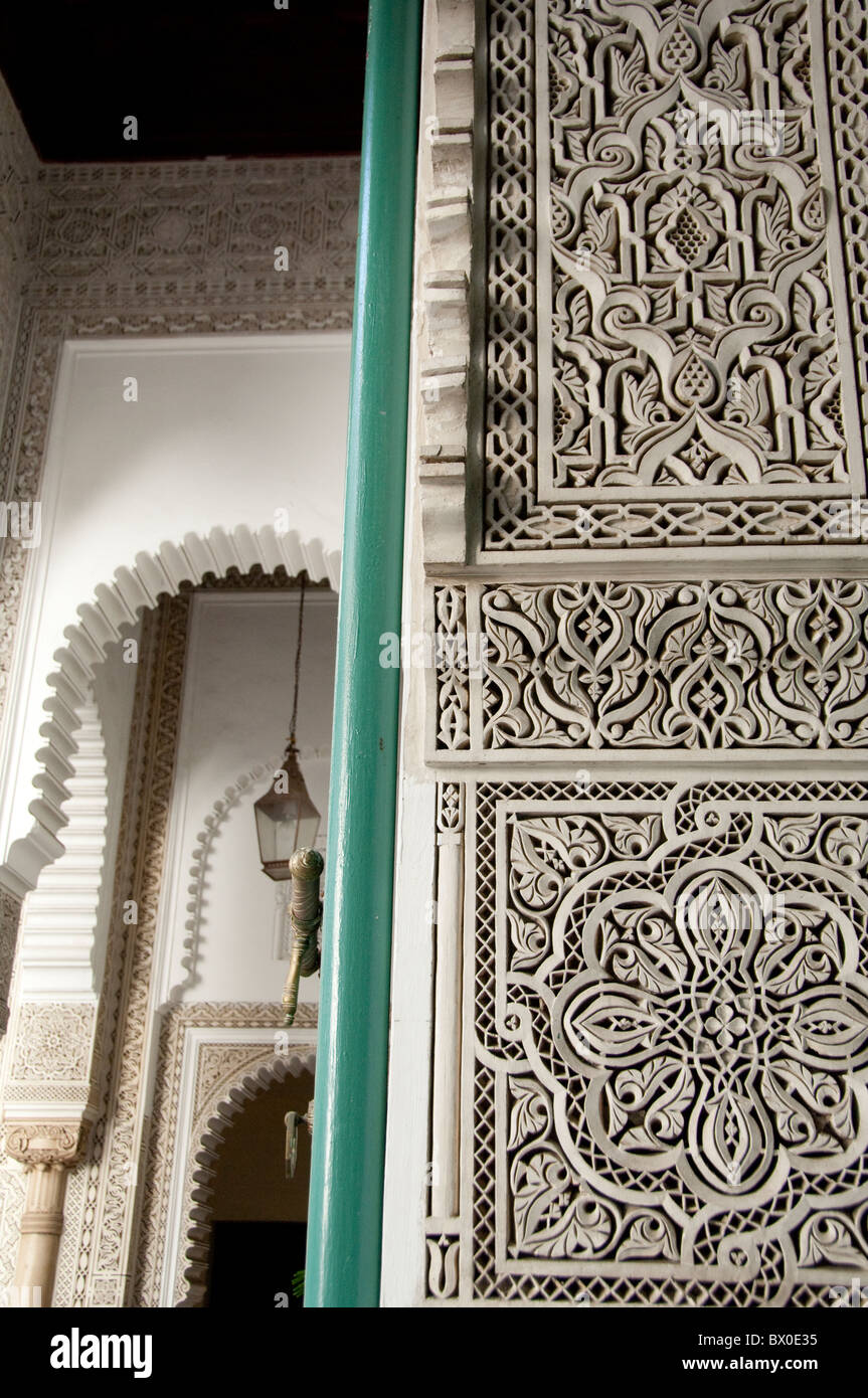 Africa, Morocco, Casablanca. Mahakma Law Courts (aka Mahakma du Pacha) home to the Islamic law courts. Ornate carved stone walls Stock Photo