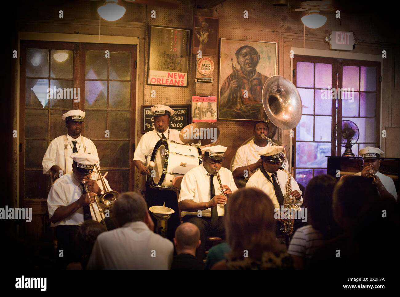 The Paulin Brothers Brass Band plays at Preservation Hall in New Orleans, Louisiana Stock Photo