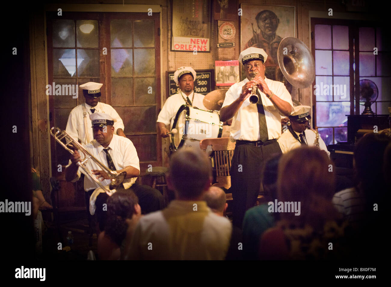 The Paulin Brothers Brass Band plays at Preservation Hall in New Orleans, Louisiana Stock Photo