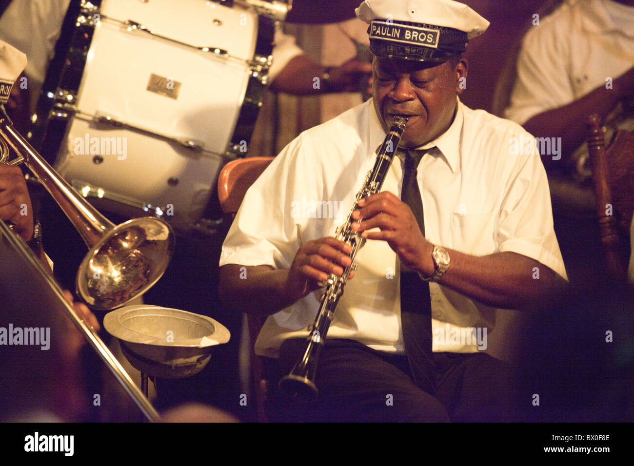 The Paulin Brothers Brass Band plays at Preservation Hall in New Orleans, Louisiana Stock Photo