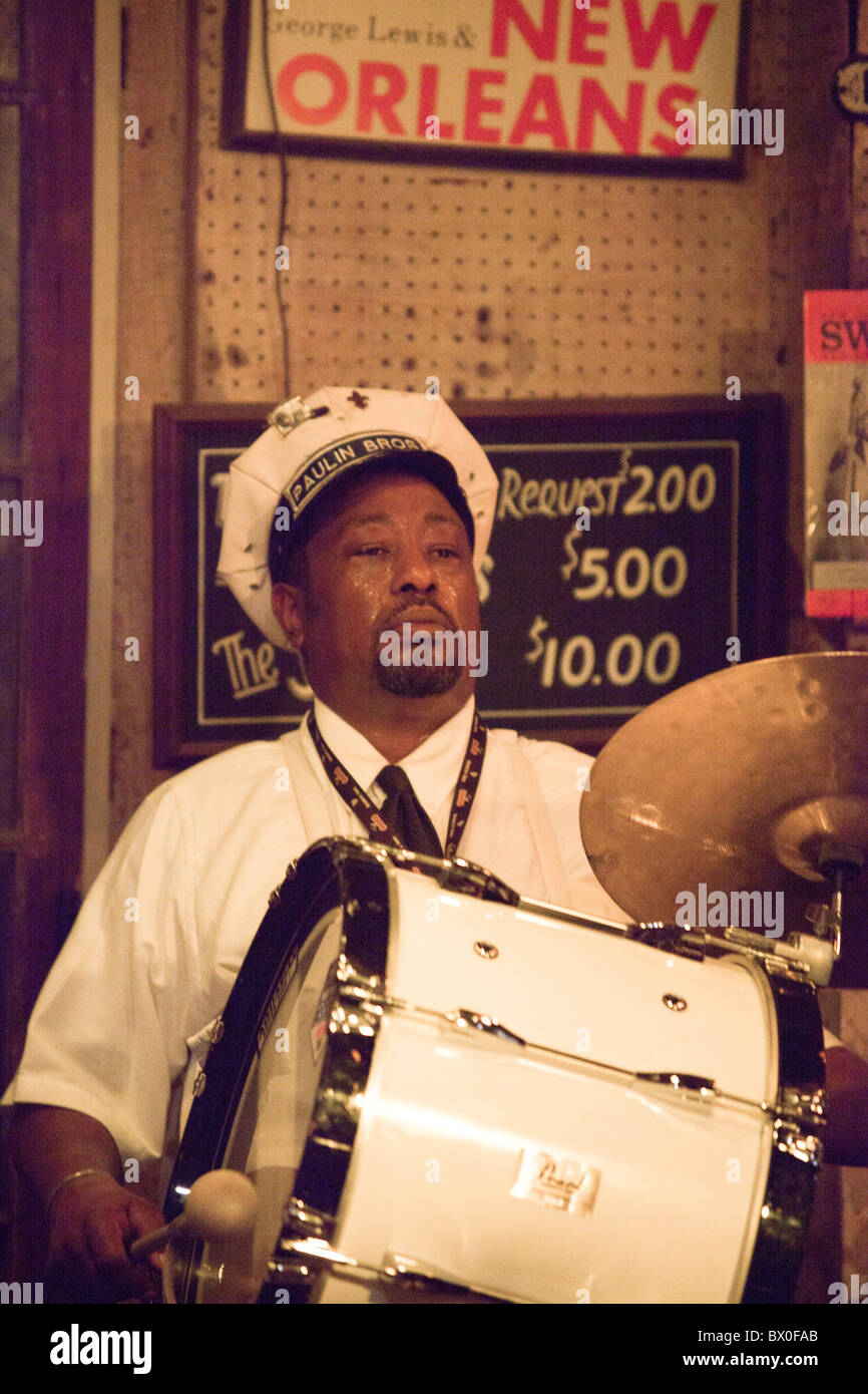 The Paulin Brothers Brass Band plays at Preservation Hall in New Orleans, Louisiana Stock Photo