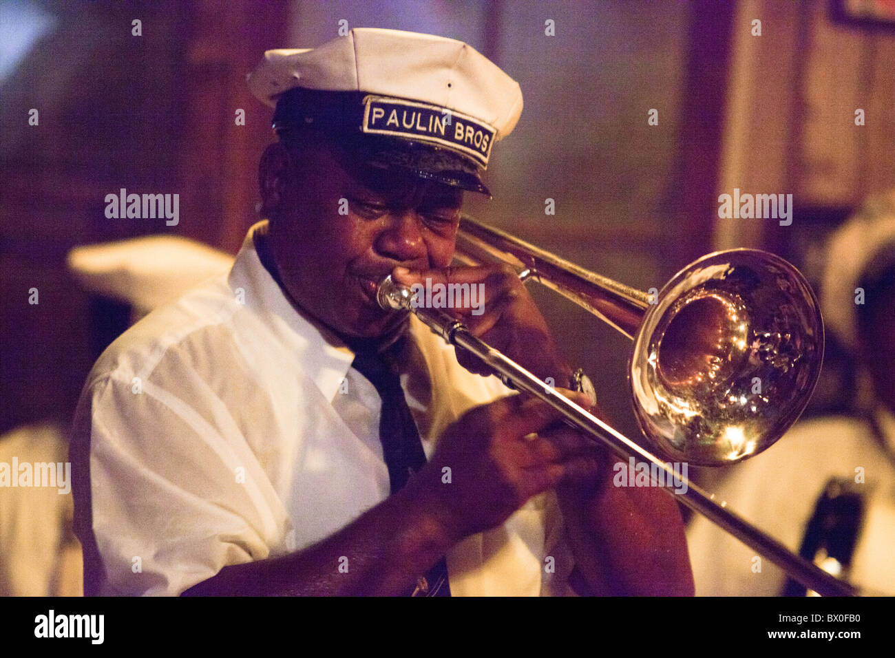 The Paulin Brothers Brass Band plays at Preservation Hall in New Orleans, Louisiana Stock Photo