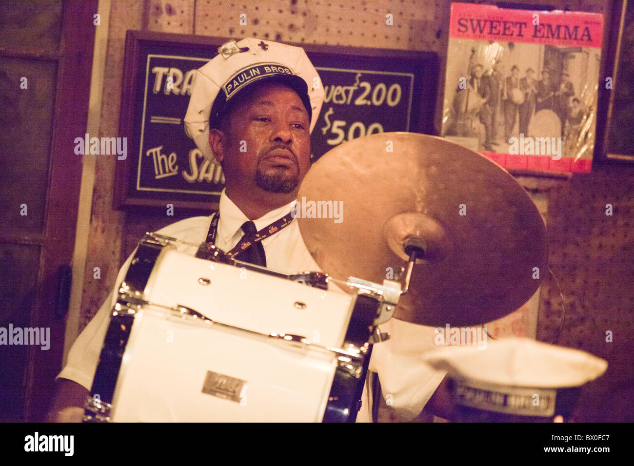 The Paulin Brothers Brass Band plays at Preservation Hall in New Orleans, Louisiana Stock Photo