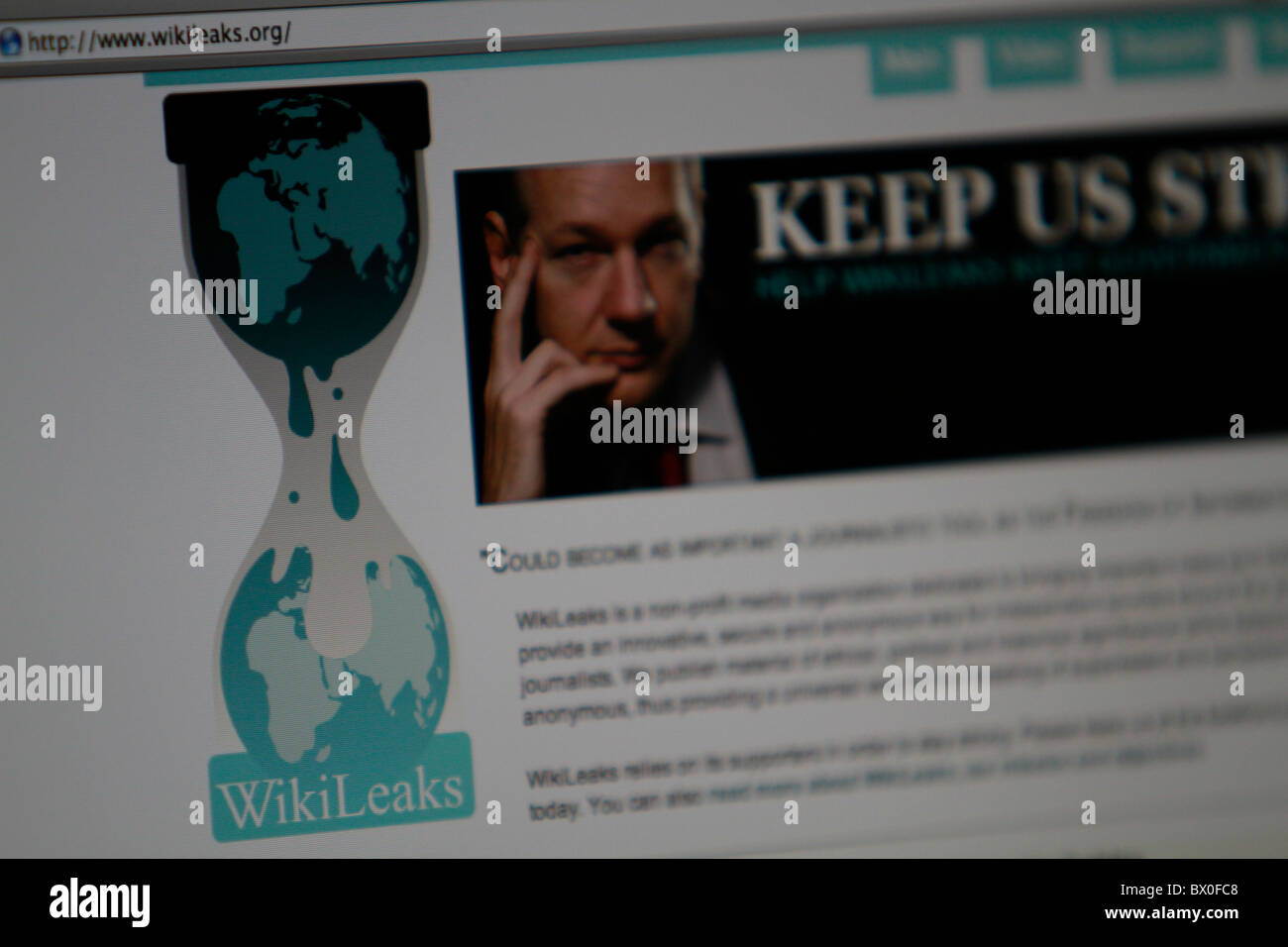 Close-up shot of wikileaks website Stock Photo