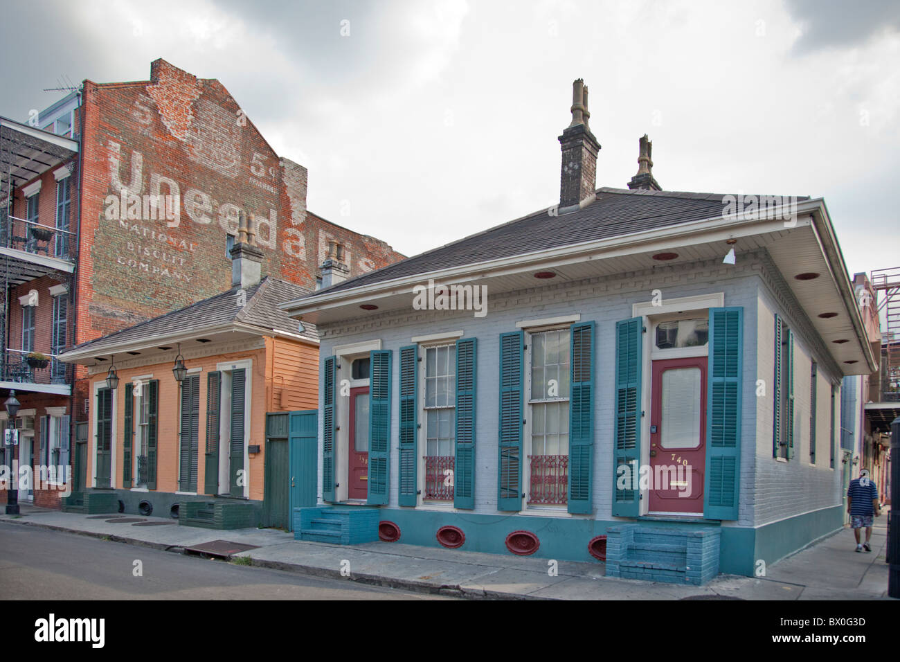 The Spanish-style architecture of the French Quarter of New Orleans, Louisiana dates back hundreds of years to the 1700s. Stock Photo