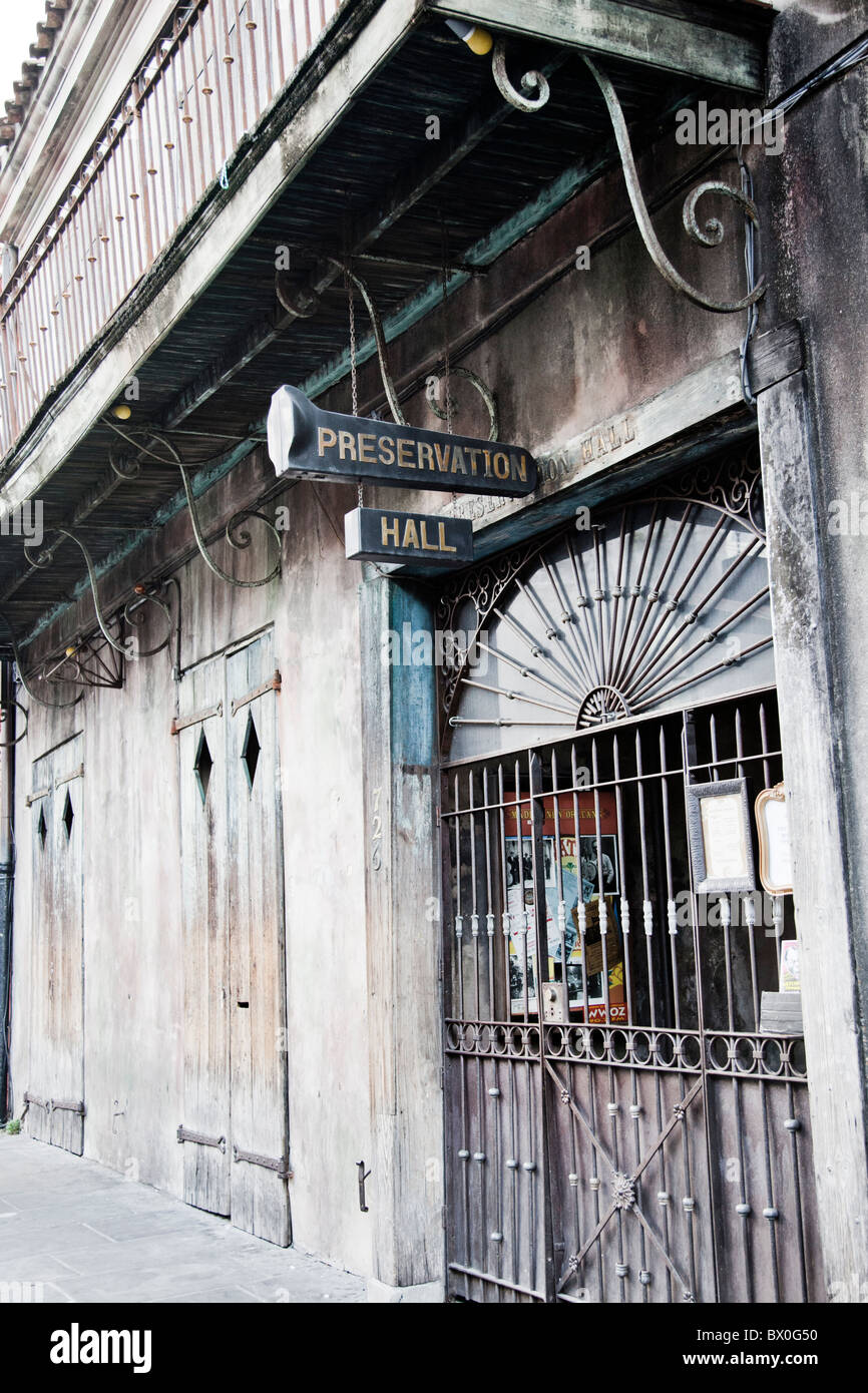 Over 250 years old, Preservation Hall in New Orleans's French Quarter today has a mission of protecting and honoring jazz. Stock Photo