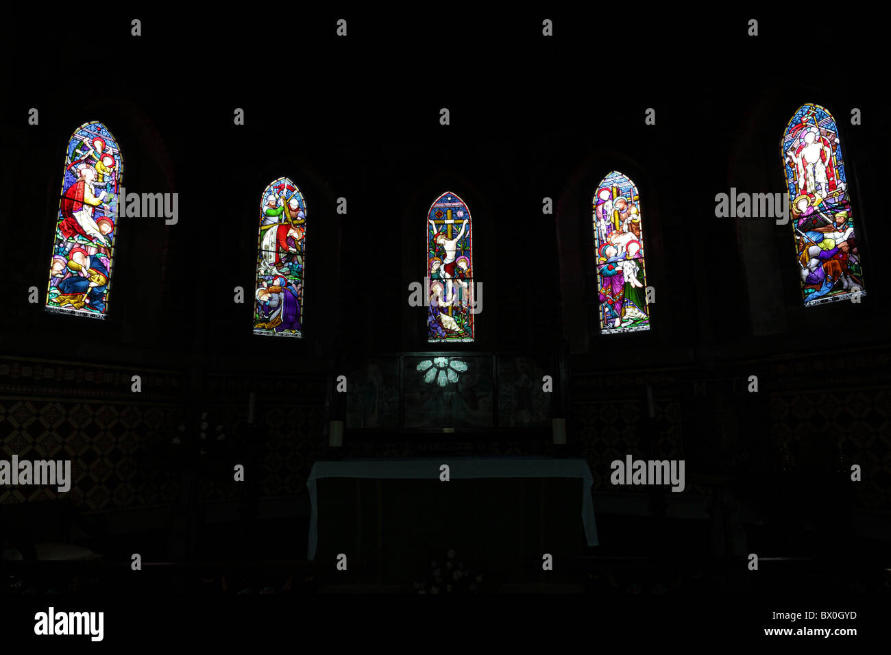 one of (17) images in this set related to St Mary the Virgin Church in Jackfield, Shropshire, England. Stained glass windows. Stock Photo