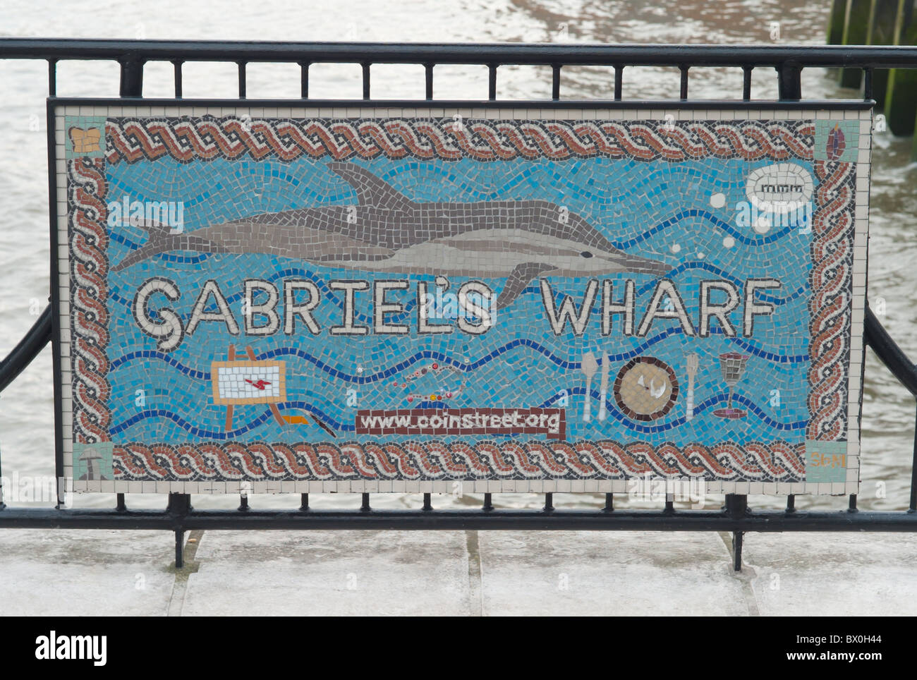 A sign for Gabriel's Wharf, located on the South Bank in London, England, UK. Stock Photo