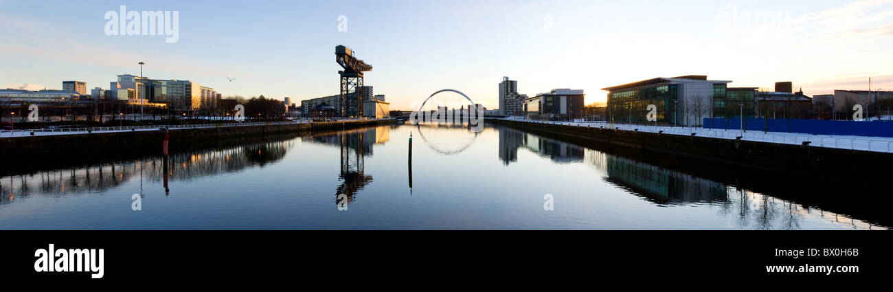 Panoramic image of River Clyde, Glasgow at sunrise, Glasgow, Scotland, UK. Stock Photo