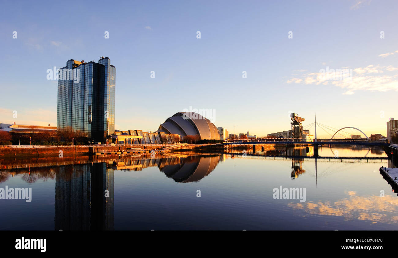 Glasgow and River Clyde at sunrise, Glasgow, Scotland, UK. Stock Photo