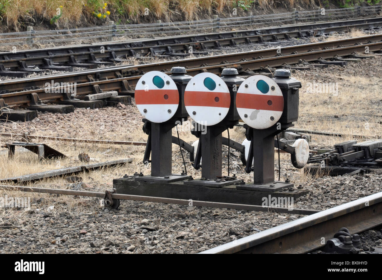 Ground signals beside railway line at Loughborough, Great Central Railway, Leicestershire, England, UK Stock Photo