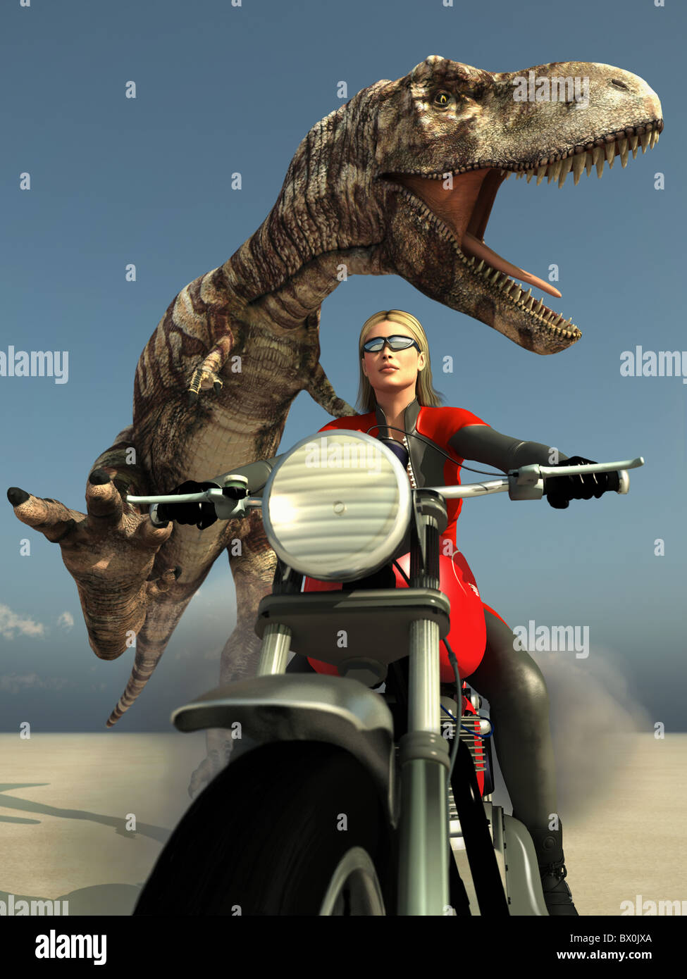 biker woman escape from tyrannosaurus Stock Photo