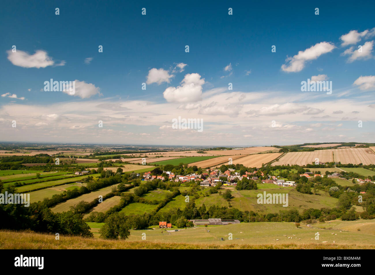 Panorama of Millington village in the Yorkshire Wolds, situated on both the Wolds Ways and the Minster Way long distance walking routes. Stock Photo
