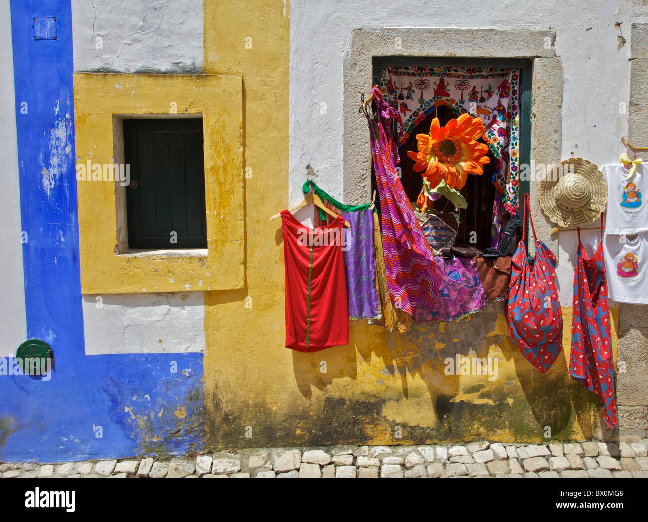 Window Shopping in the Medieval Village of Obidos Stock Photo