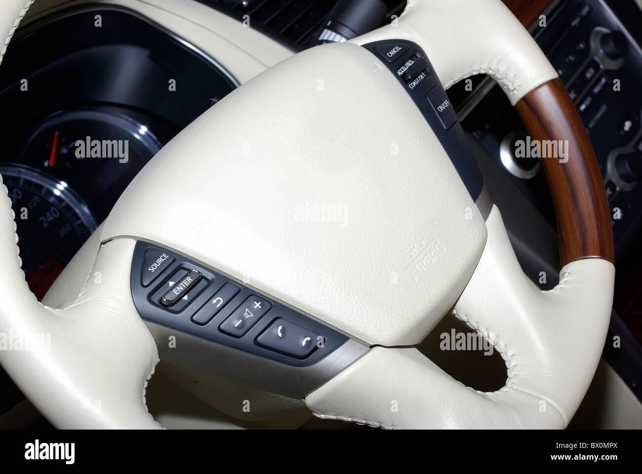 Interior of modern japanese car. Leather with wood steering wheel. Many