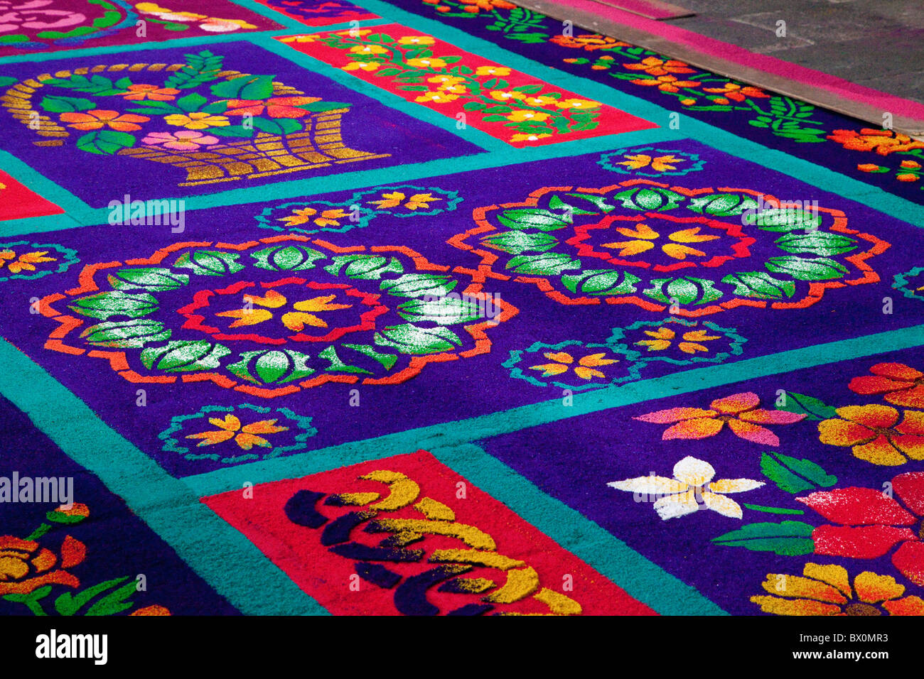 Antigua, Guatemala. Detail of the alfombra (carpet) of colored sawdust  decorating the main aisle of the Church of San Francisco Stock Photo - Alamy