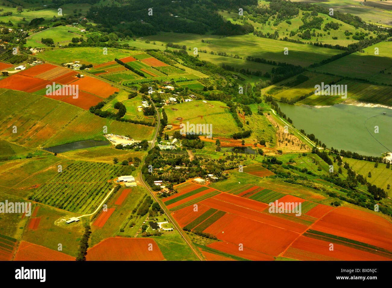 A patchwork quilt of coastal farmland in Northern NSW Australia Stock Photo