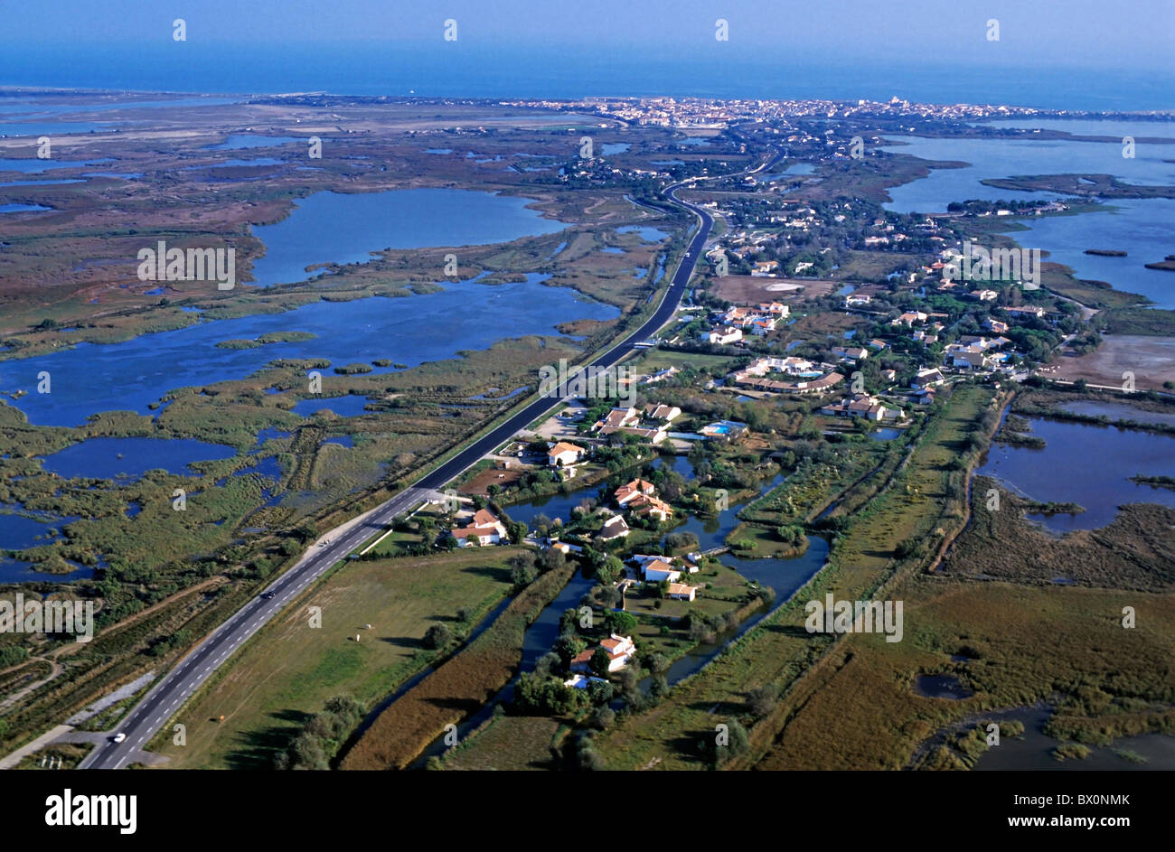 Aerial view of Saintes-Maries-de-la-Mer, on the the Rhone river delta, Camargue, France. Stock Photo