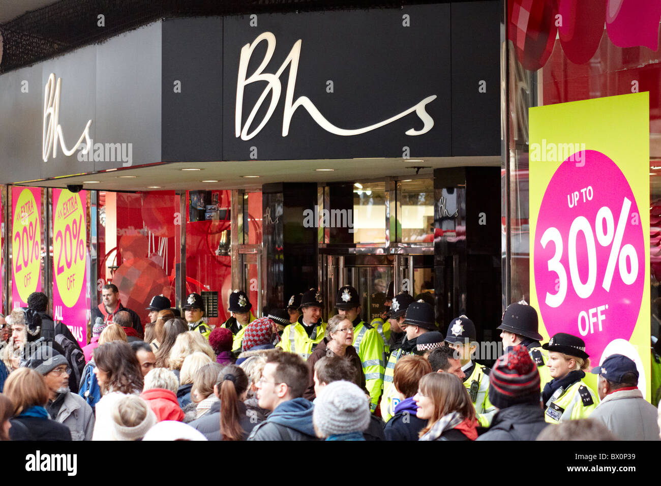 LONDON, UK. Philip Green's flagship Topshop and BHS stores on Oxford Street closed by tax avoidance protests. Stock Photo