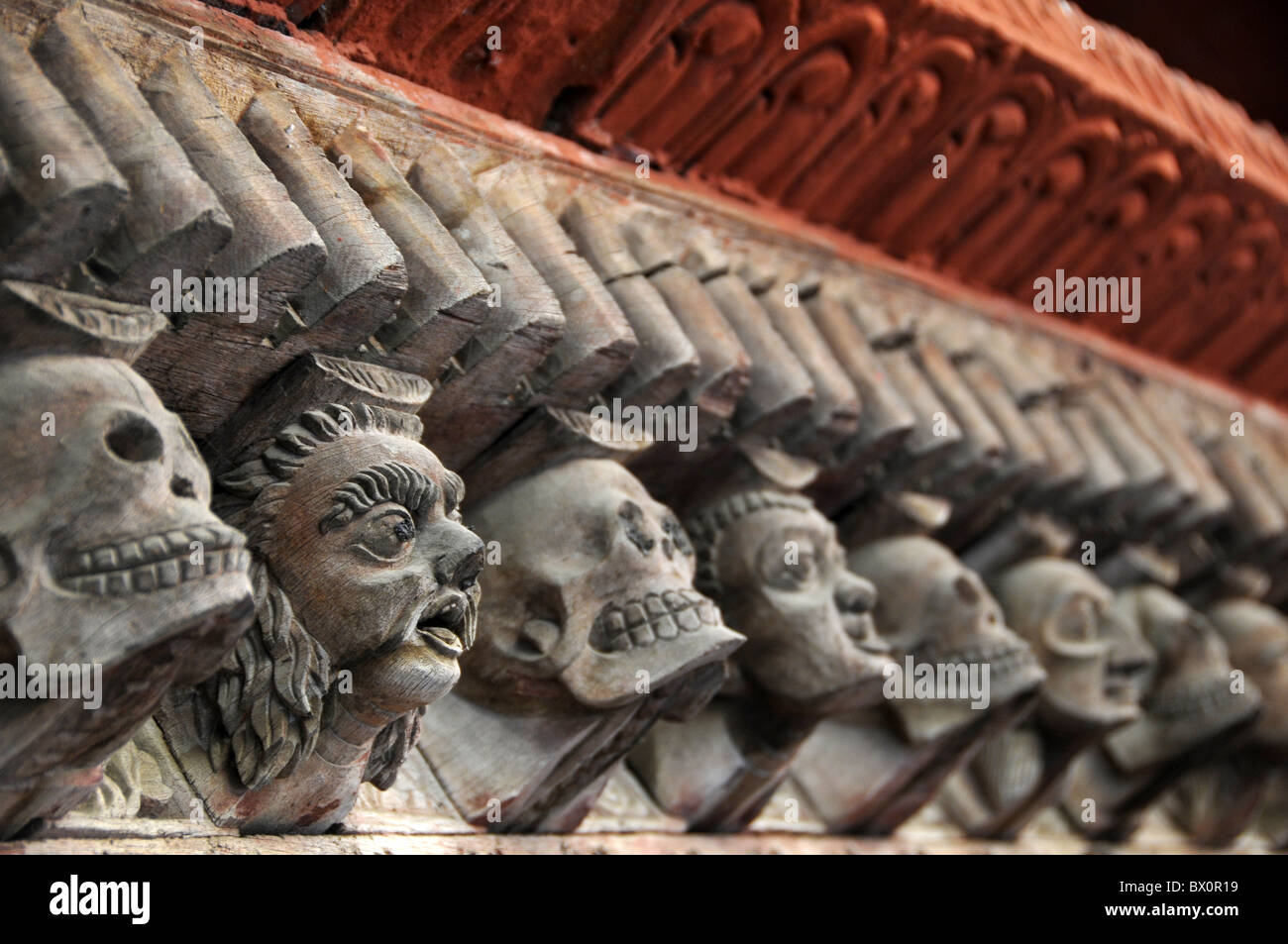 details of wood carving from a temple in Kathmandu Stock Photo