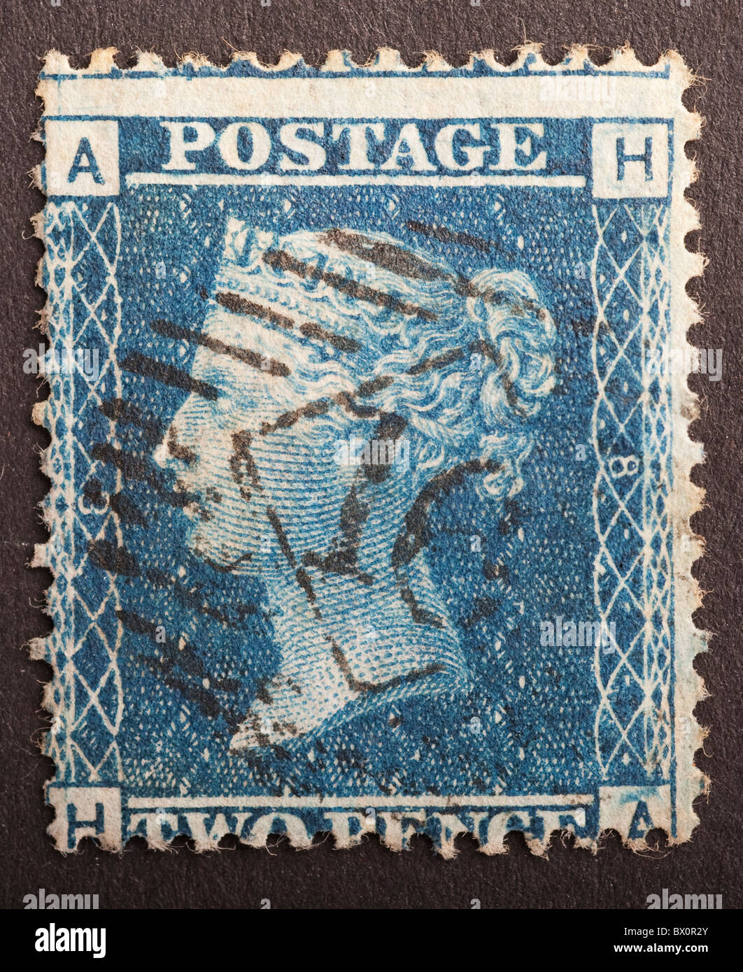 British Postage Stamp, Two Pence Blue, Corner Letters A, H Stock Photo