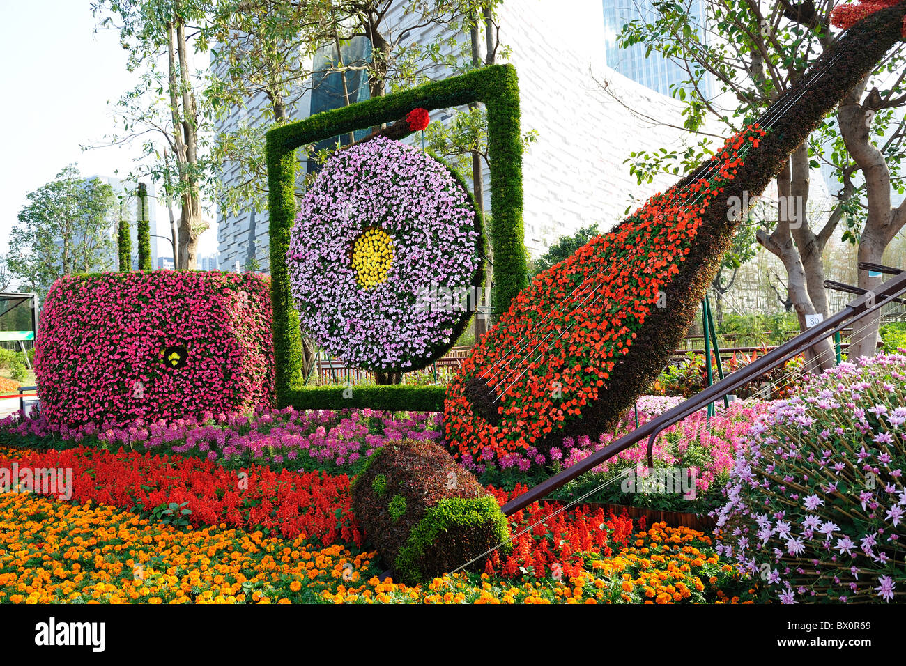 Chinese traditional musical instruments made of flowers in Flower Citizen Plaza, Guangzhou city, China Stock Photo