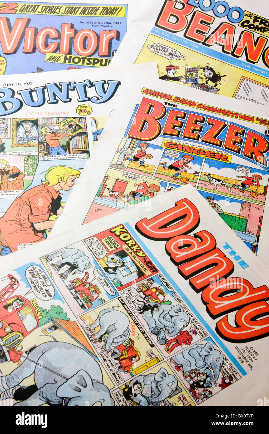 Old childrens comics, including the Beano, Dandy, Victor, Bunty, Beezer Stock Photo