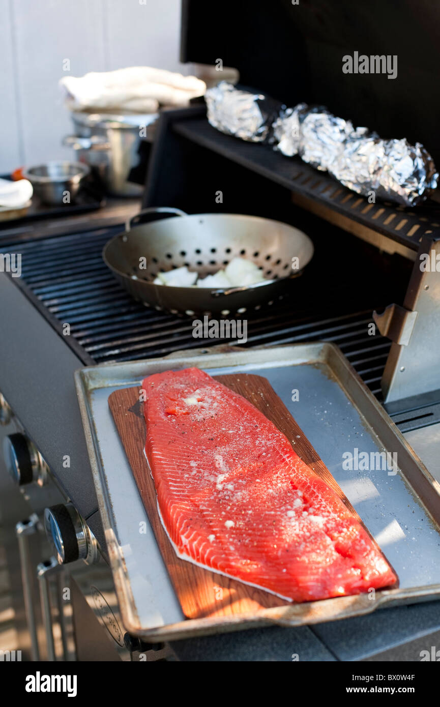 Barbecue in backyard with salmon onions, bakers Stock Photo Alamy