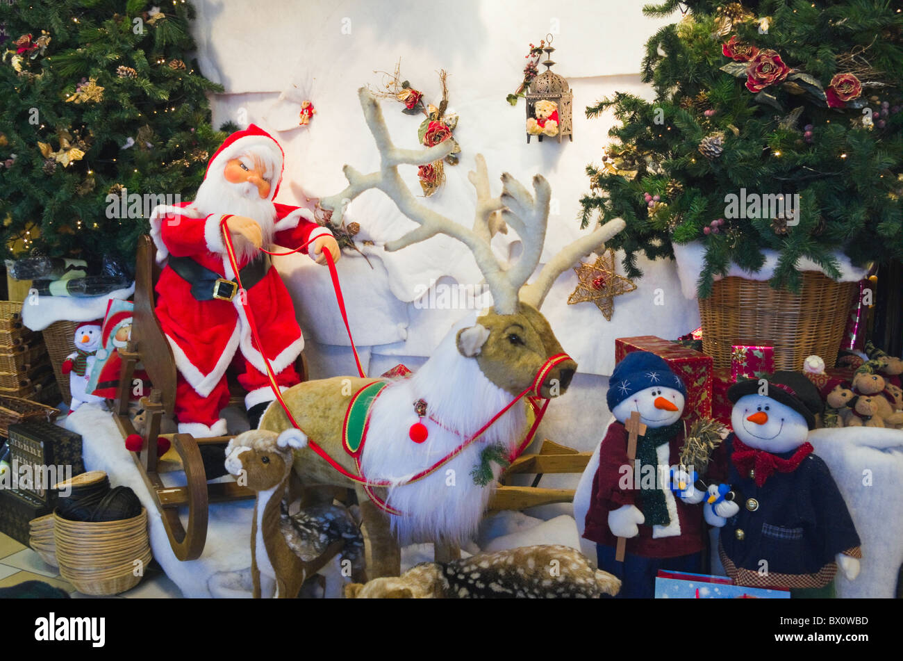 UK, Britain. Christmas Santa display in a shop Stock Photo