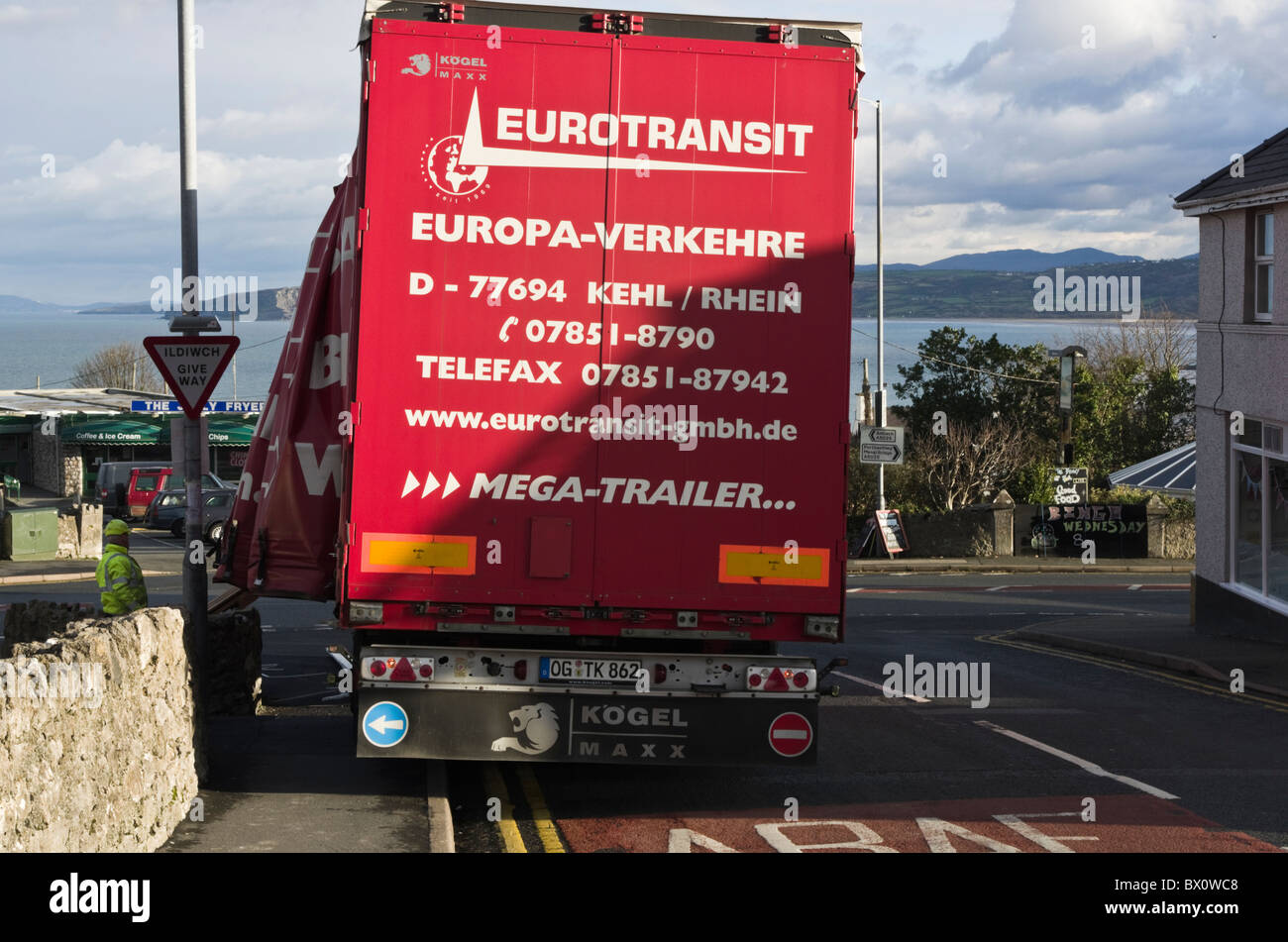 UK, Europe. German lorry parked on the pavement blocking the footway