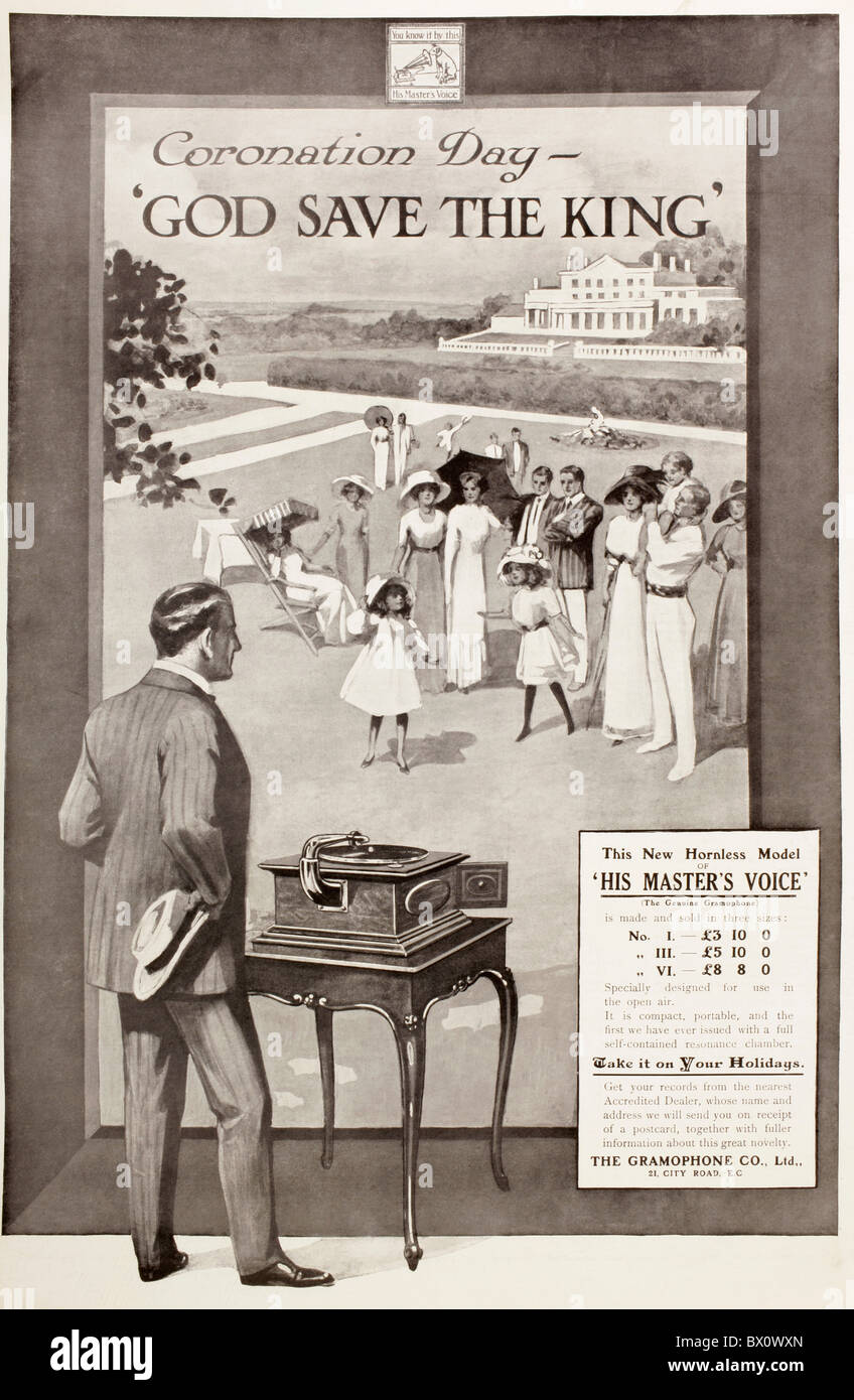 A 1910 advertisement for His Master's Voice' Gramaphone Player. From The Illustrated London News published 1910. Stock Photo
