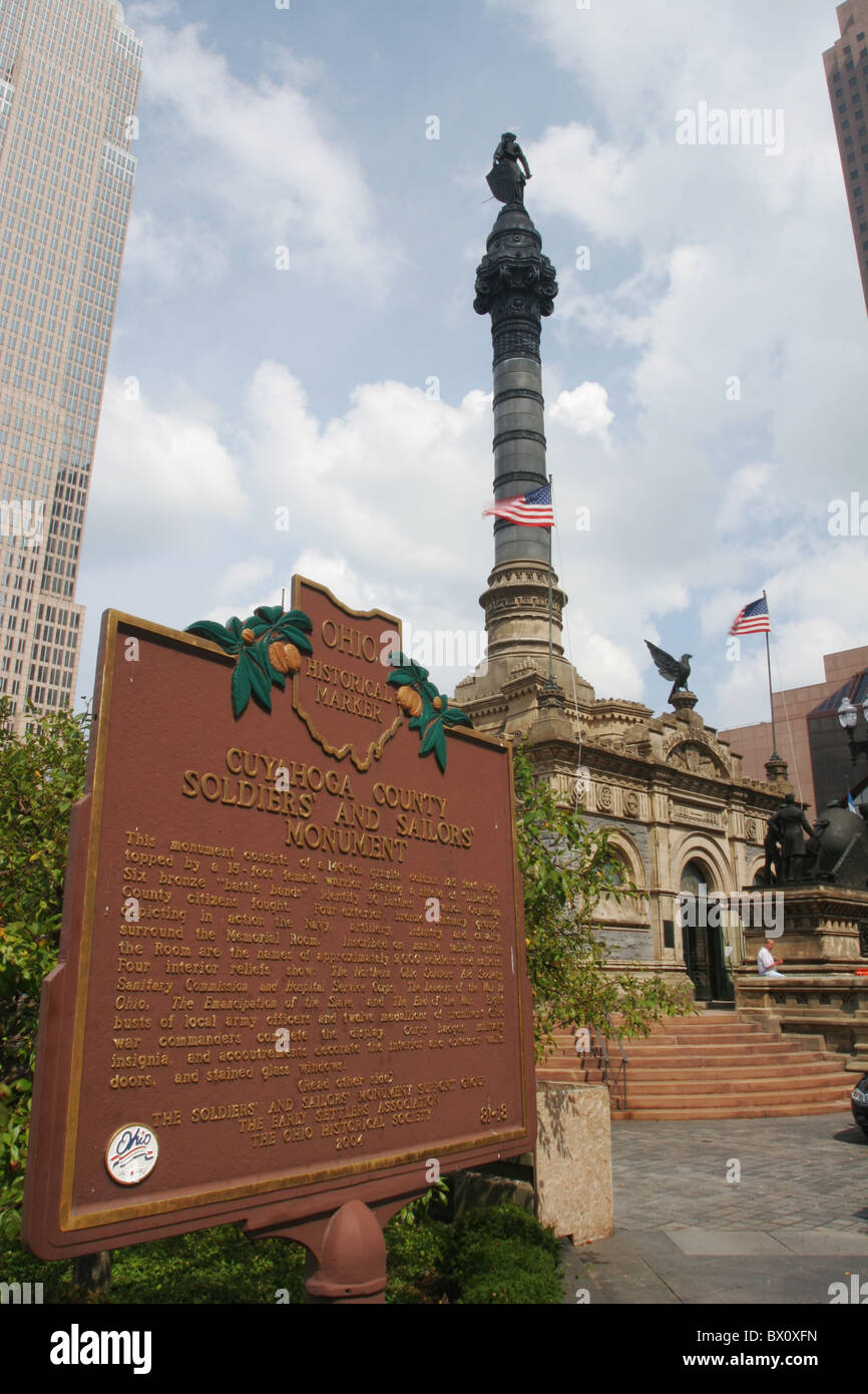 Historical Marker for Cuyahoga County Soldiers and Sailors Monument. Cleveland, Ohio, USA. Stock Photo